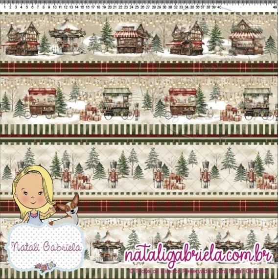 Tecido Digital Barrados Casinhas Natal Cris Mazzer D10-111